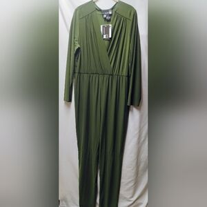 Anthony Originals Olive Green Long-Sleeve Faux-Wrap Jumpsuit